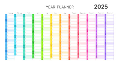 2025 calendar, year planner for daily and monthly agenda. Blank template of 2025 year planner with twelve months vertical grid in rainbow colors, vector illustration