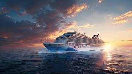 photorealistic cruise ship in the ocean with a blue sky, centered on its side and sailing at sunset. There should be a sense of adventure and excitement as if embarking on an exciting journey to new p
