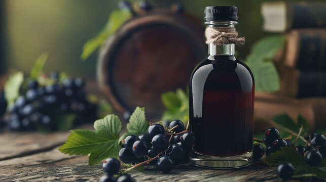 bottles of blackcurrant liqueur with fresh berries and barrel in manufacturer cellar 