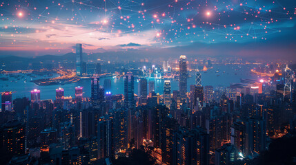 Fototapeta premium A breathtaking cityscape at twilight, featuring a vibrant network of glowing data connections overlaying the scene. The illuminated skyscrapers and harbor create a stunning visual representation.