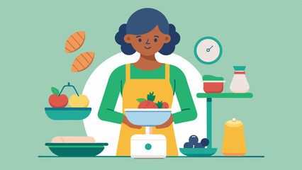 An individual using a food scale to measure out precise portions of ingredients highlighting the importance of portion control in healthy meal preparation.. Vector illustration