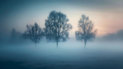 Mysterious Foggy Landscape with Silhouetted Trees and Ethereal Atmosphere