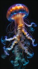 Translucent jellyfish pulsate in the blue sea or black aquarium.