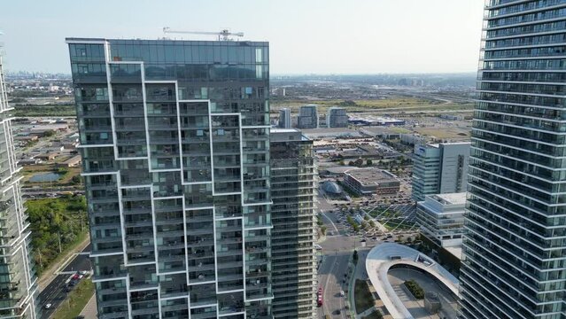 Aerial drone footage of highrise buildings in Vaughan Ontario Canada