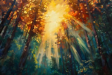 Magical Forest Scene with Sunbeams and Autumn Colors in Impressionist Art Style, Perfect for Art and Nature Enthusiasts