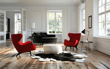 Modern bright living room with wooden floor, white walls and red chair, cow skin on the ground, black furniture in the corner, windows, photo taken from the front angle
