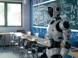 A highly intelligent robot teaching classes in a futuristic educational environment.