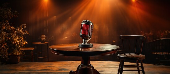 photo Retro microphone isolated in dark on stage Dark night background