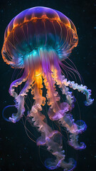 Naklejka premium Translucent jellyfish pulsate in the blue sea or black aquarium.