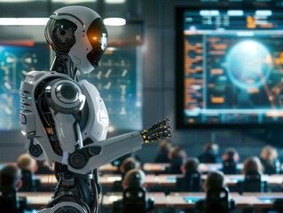 A highly intelligent robot teaching classes in a futuristic educational environment.