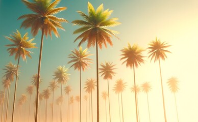 Obraz premium Wallpaper for summer with tall palm trees at sunset.