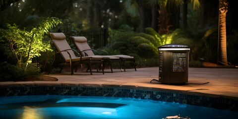 Quiet pool heater efficiently warms water without disruptive noise blending into surroundings. Concept Pool Heater, Quiet Operation, Efficient Heating, Discreet Design, Blend into Surroundings