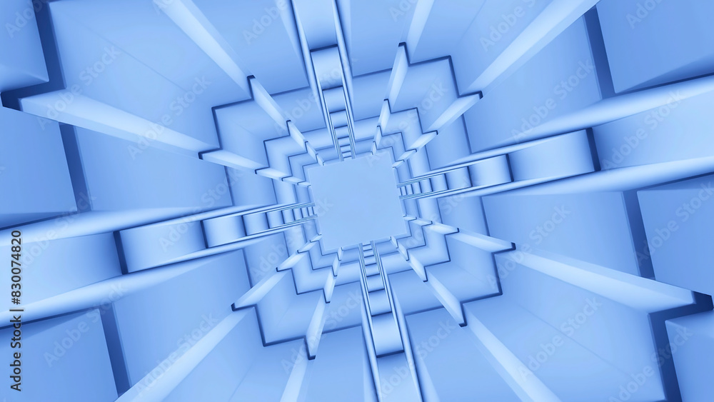 Poster abstract spinning technological squared tunnel. design. flying in rotating endless corridor with squ