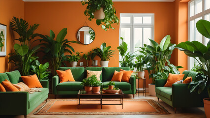 Fototapeta premium Interior of orange living room with green houseplants and sofas, Generative AI