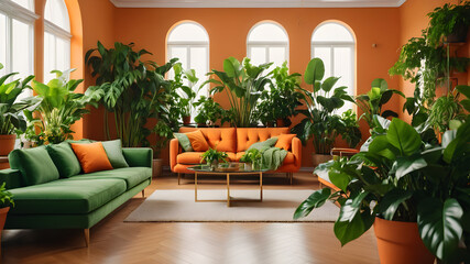 Interior of orange living room with green houseplants and sofas, Generative AI