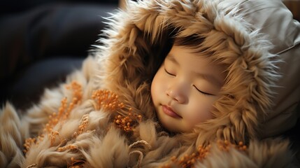 photo of a small child sleeping in a soft thick jacket