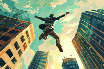 Determined businessman leaping from one skyscraper to another, symbolizing career change and the courage to leave a toxic work environment for better opportunities.