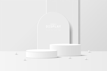 Abstract Gray and White 3D cylinder podium pedestal realistic with arch shape, vertical backdrop and sphere balls. Minimal scene for product mockup. 3D vector geometric form. 3D stage for showcase.