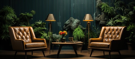 classic living room interior with leather chairs and vintage lamp