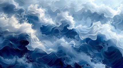 Obraz premium Blue sky with clouds, Pastel Wonder of Ethereal blues and whites dance on a calm ocean at sunrise, as soft light paints a dreamy seascape in pastel hues, with the ocean awash in ethereal blues.