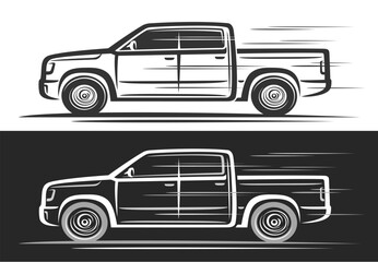 Vector logo for Pickup Truck, automotive decorative banner with simple contour illustration of line art monochrome modern pickup truck in moving, running big rough pickup on black and white background © mihmihmal