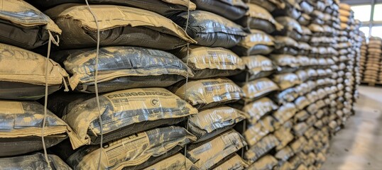 an industrial multi-wall paper bag in a warehouse setting, filled with bulk materials and ready for shipment, conveying reliability and efficiency.