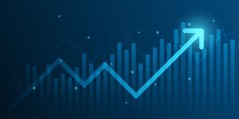 Abstract financial graph with uptrend line arrow and bar chart of stock market on blue color background