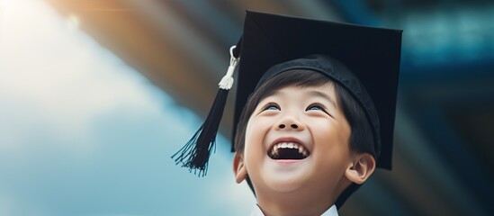 little Asian boy student wearing graduation gown with hat holding a paper plane