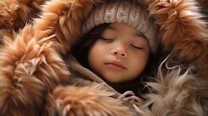 photo of a small child sleeping in a soft thick jacket