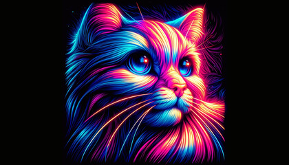 A lifelike cat rendered in neon digital art, capturing realistic features with electrifying colors.
