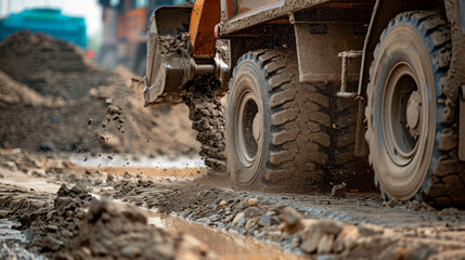 Fototapeta premium Mining truck driving through sandy area covered in dirt and sand, the tires are kicking up a lot of dust rugged and rough