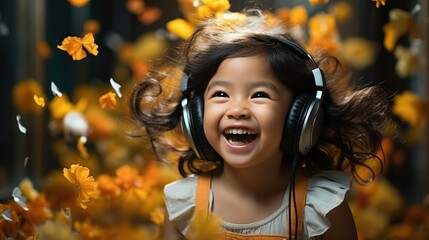 young girl listening to headphones or earphones in an open space
