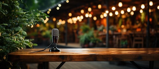 photo Retro microphone isolated in dark on stage Dark night background