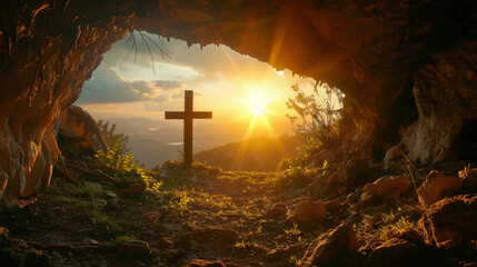 Wooden christian cross made standing in front of entrance cave tomb with peaceful sunrise symbol of hope and faith in Jesus Christ resurrection