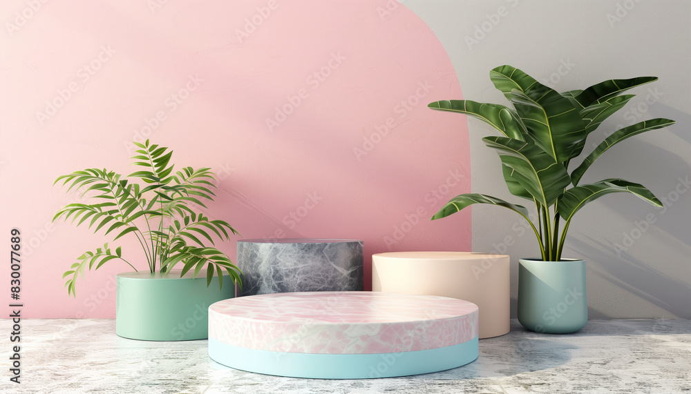 Poster Colorful Pastel Background 3d Rendering Podium With Display Space For Product Showcasing In A Visually Appealing Manner. Perfect For Product Presentations.