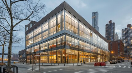 Obraz premium Photo of a modern urban plaza at dusk, featuring contemporary architecture, glass facades, and people walking and cycling.