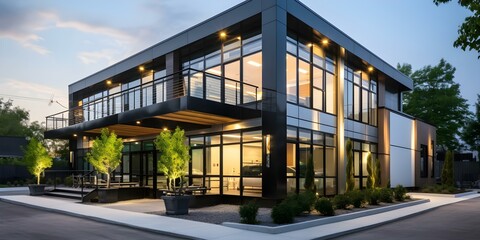 Small twostory industrial office building with modern minimalist design and glass features. Concept Industrial Office Building, Modern Design, Two-Story, Minimalist Style, Glass Features