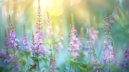 Soft, ethereal image of wildflowers with pink blossoms in a field, bathed in gentle sunlight, creating a dreamy summer scene.