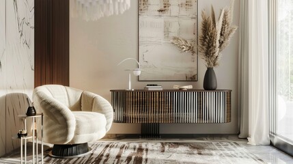 Stylish living space featuring a chic armchair and elegant wooden cabinet minimalist decor warm tones cozy and inviting