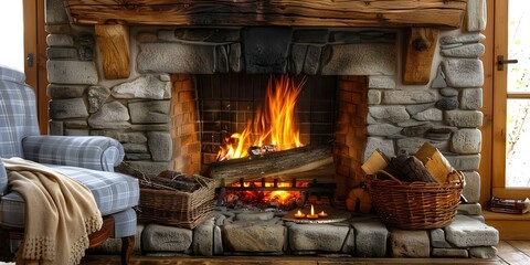 Cozy fireplace in a rustic country house radiates warmth and comfort. Concept Fireplace, Rustic, Country House, Warmth, Comfort