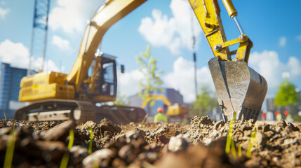 Obraz premium Excavator at work on a sunny construction site