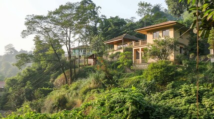Photo of modern hillside homes surrounded by dense green vegetation, with a clear blue sky and soft evening light.