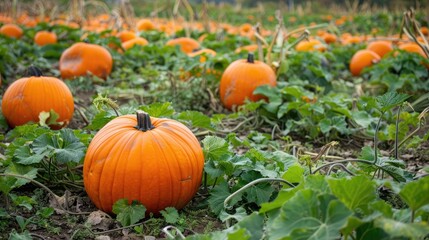 Seasonal Pumpkin Patch Growing Pumpkins during Fall Time