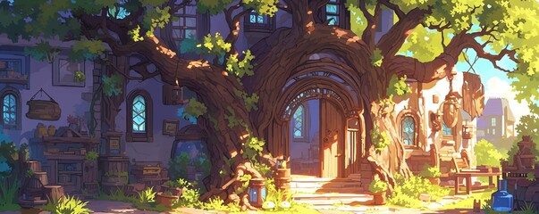 Fantasy realm with ancient ruins and glowing runes