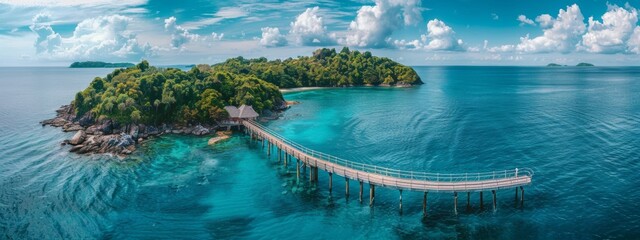 Fototapeta premium Aerial photography of beautiful tropical landscape background, summer travel and vacation concept. Nine-curved bridge wooden pier leading to the island, blue sky and white clouds, panoramic view, arti