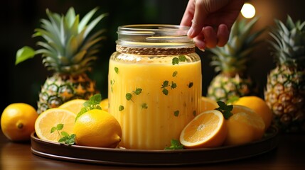 glass with orange juice and fresh orange on black table