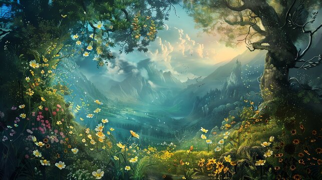 Fantasy forest path with magical creatures and lights