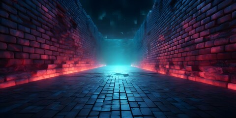 Neon lights illuminate empty night street with textured brick walls in 3D. Concept Neon Lights, Night Street, Textured Walls, 3D Animation, Urban Environment