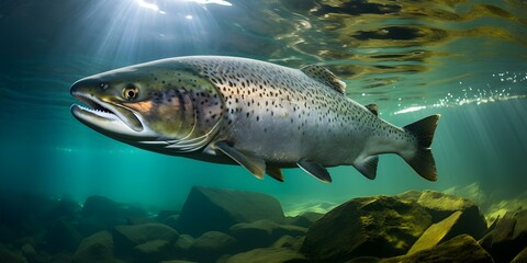 Fototapeta premium Salmon trout hunting underwater for prey in their natural habitat. Concept Underwater Hunting, Salmon Trout, Natural Habitat, Prey, Aquatic Ecosystem