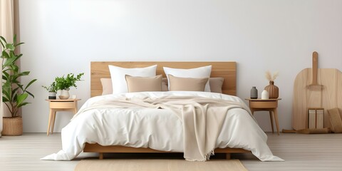 Mockup of Scandinavian bedroom with natural wood furniture and beige color scheme. Concept...